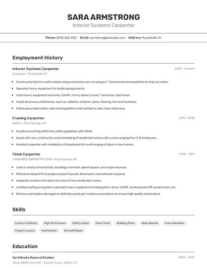 Interior Systems Carpenter Resume