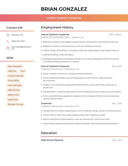 Interior Systems Carpenter Resume