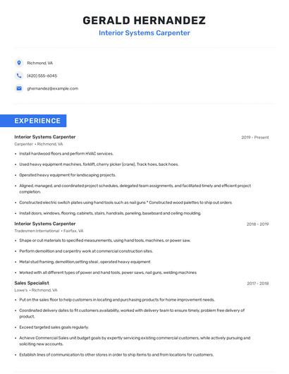 Interior Systems Carpenter Resume