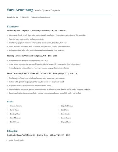 Interior Systems Carpenter Resume
