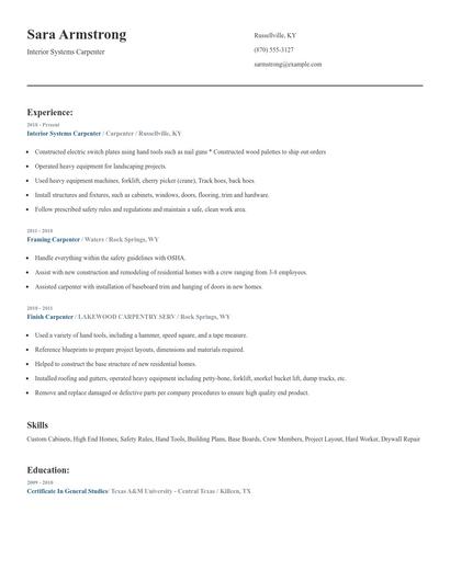 Interior Systems Carpenter Resume