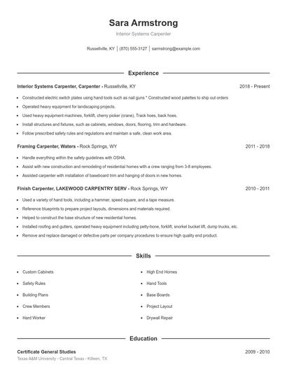 Interior Systems Carpenter Resume