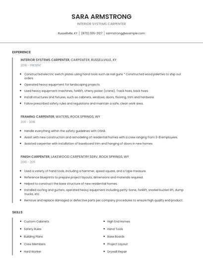 Interior Systems Carpenter Resume