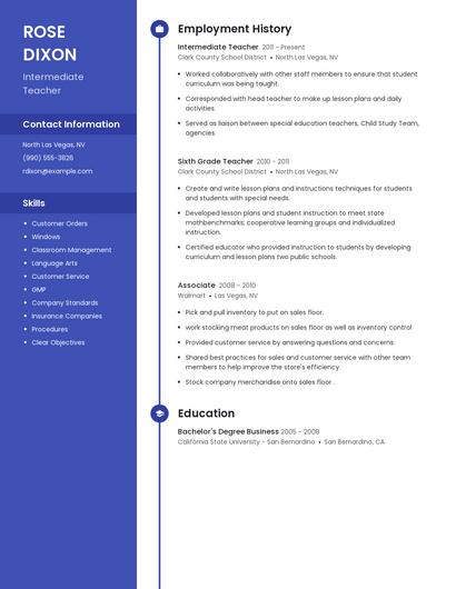 Intermediate Teacher Resume