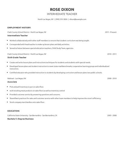 Intermediate Teacher Resume