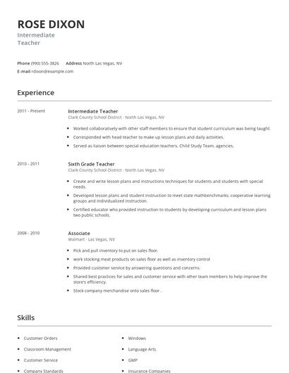 Intermediate Teacher Resume