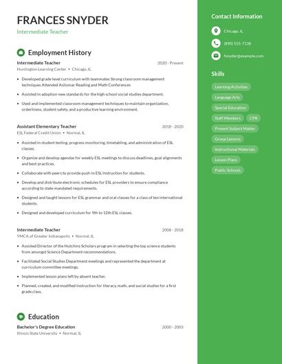 Intermediate Teacher Resume