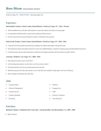 Intermediate Teacher Resume
