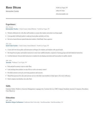 Intermediate Teacher Resume