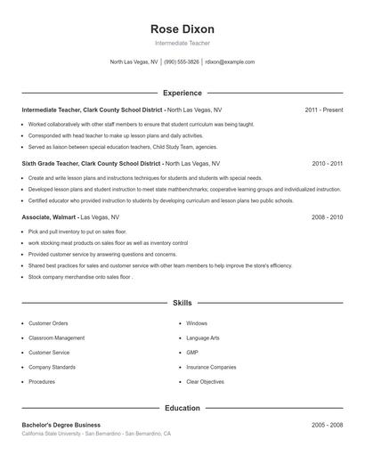 Intermediate Teacher Resume