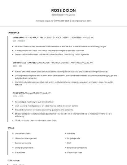 Intermediate Teacher Resume