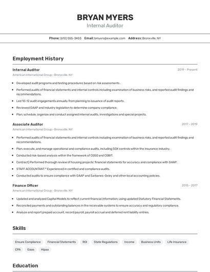 Internal Auditor Resume