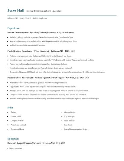 Internal Communications Specialist Resume