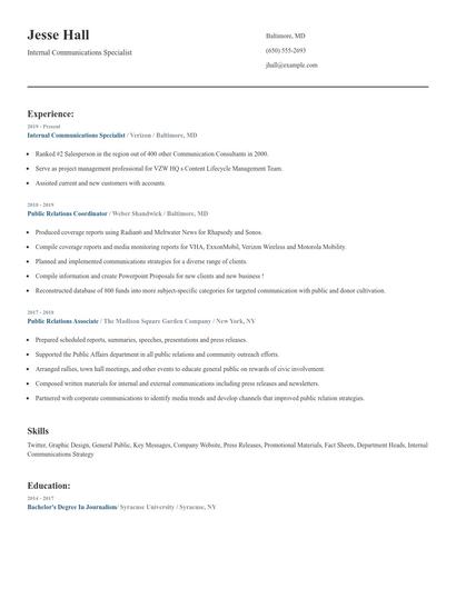 Internal Communications Specialist Resume
