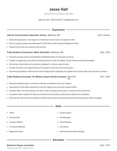 Internal Communications Specialist Resume