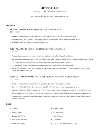 Internal Communications Specialist Resume