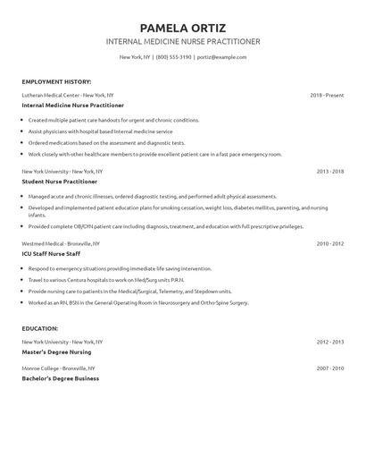 Internal Medicine Nurse Practitioner Resume