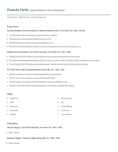 Internal Medicine Nurse Practitioner Resume