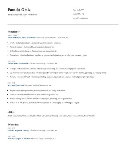 Internal Medicine Nurse Practitioner Resume
