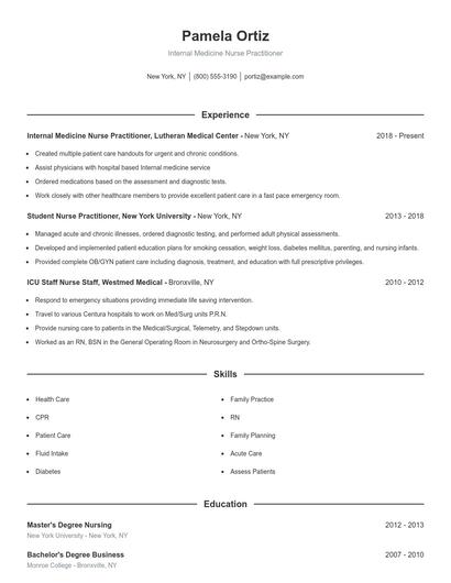 Internal Medicine Nurse Practitioner Resume