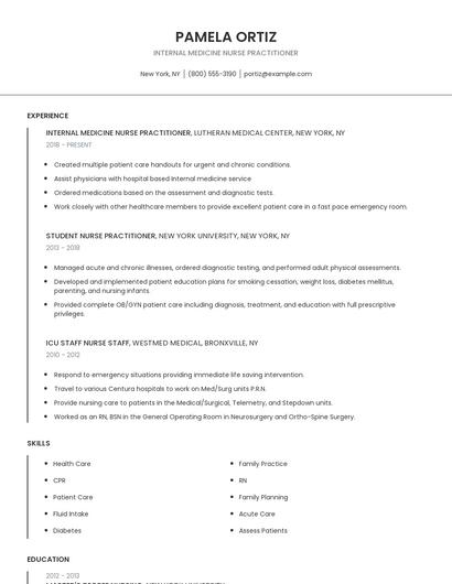 Internal Medicine Nurse Practitioner Resume