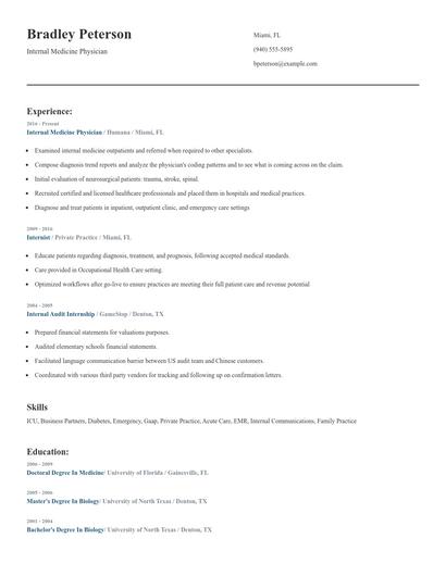 Internal Medicine Physician Resume