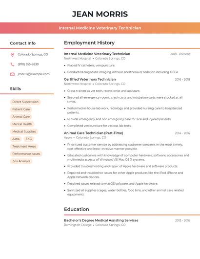Internal Medicine Veterinary Technician Resume