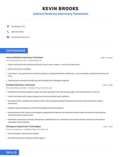 Internal Medicine Veterinary Technician Resume