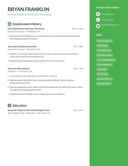 Internal Medicine Veterinary Technician Resume