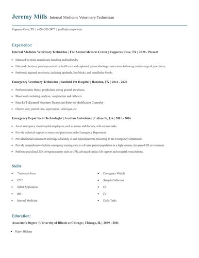 Internal Medicine Veterinary Technician Resume
