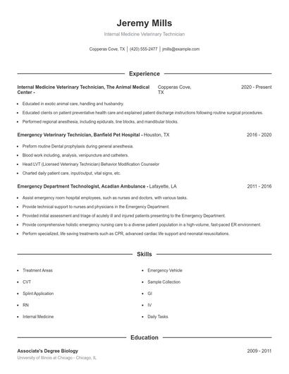 Internal Medicine Veterinary Technician Resume