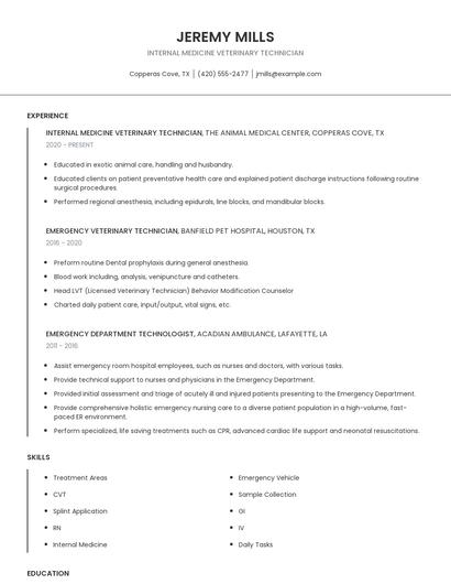 Internal Medicine Veterinary Technician Resume