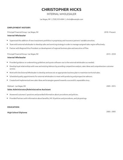 Internal Wholesaler Resume