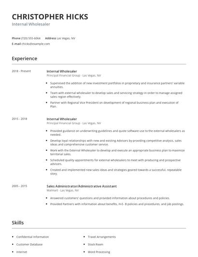Internal Wholesaler Resume