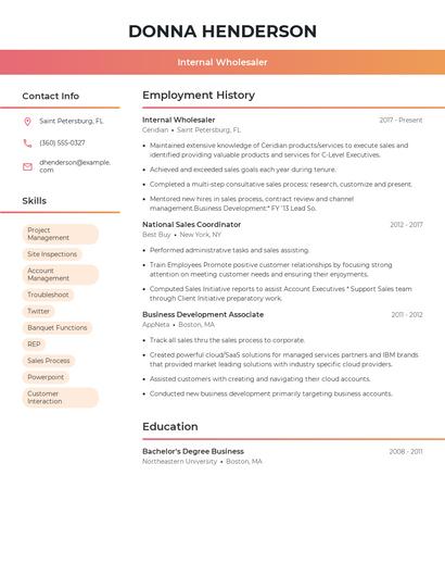 Internal Wholesaler Resume
