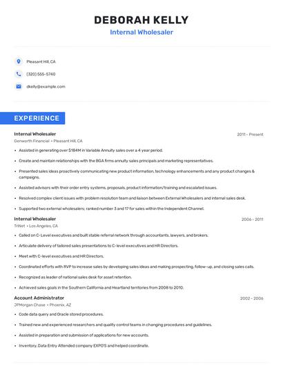Internal Wholesaler Resume
