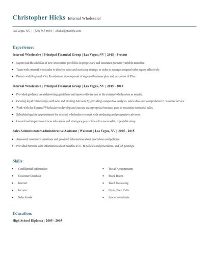 Internal Wholesaler Resume