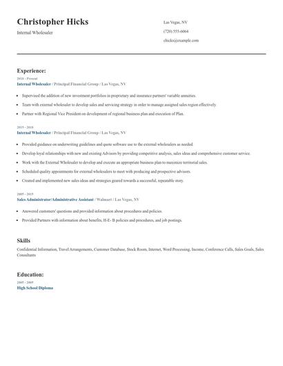 Internal Wholesaler Resume