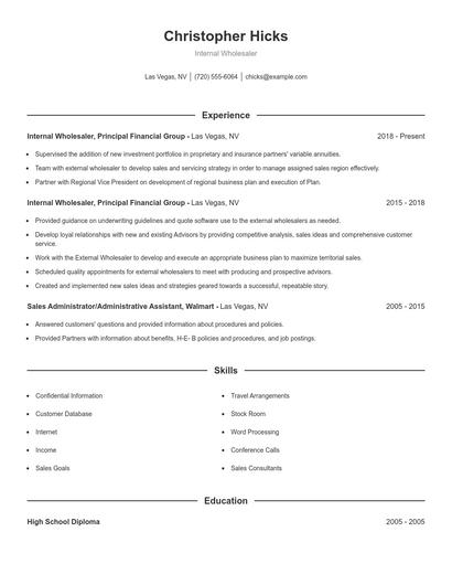 Internal Wholesaler Resume