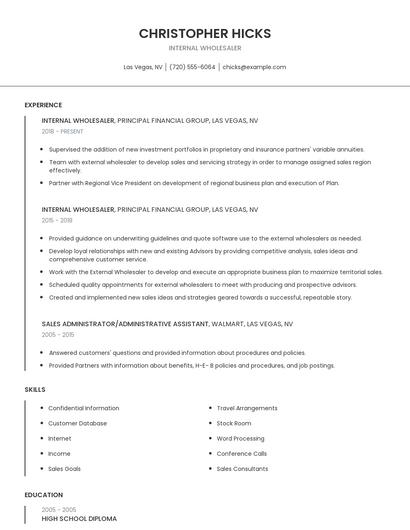 Internal Wholesaler Resume