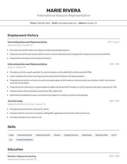 International Account Representative Resume