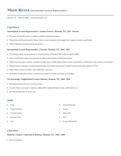 International Account Representative Resume