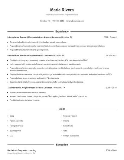 International Account Representative Resume