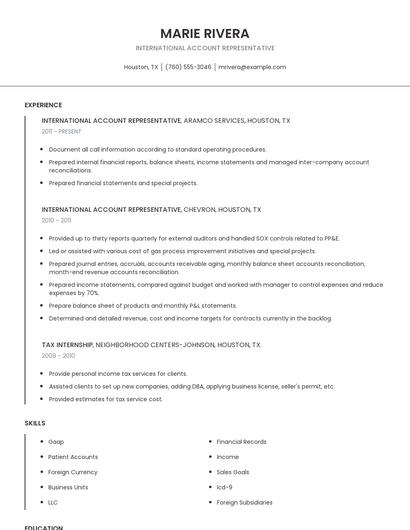 International Account Representative Resume
