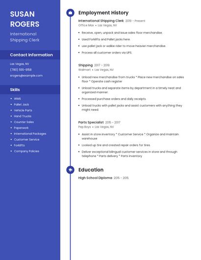 International Shipping Clerk Resume