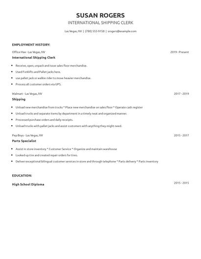 International Shipping Clerk Resume