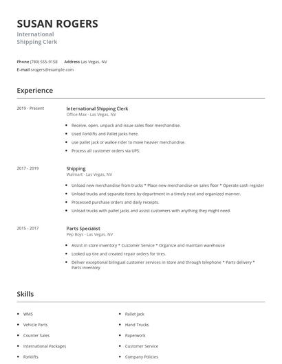 International Shipping Clerk Resume