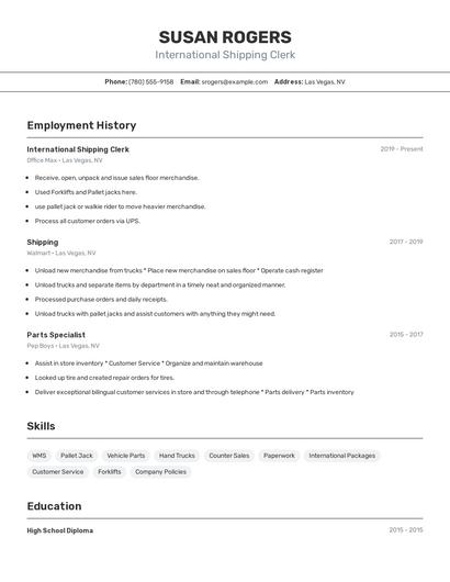 International Shipping Clerk Resume