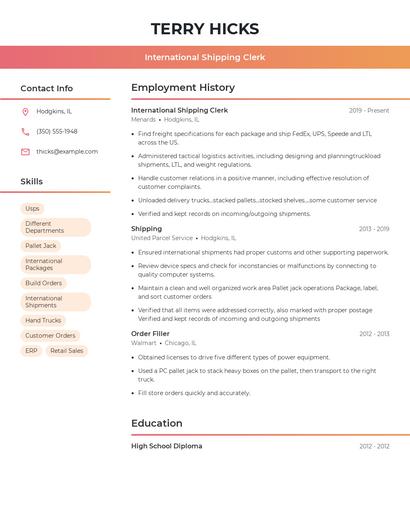 International Shipping Clerk Resume