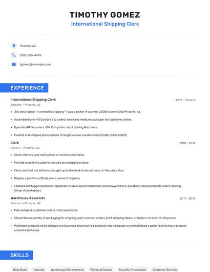 International Shipping Clerk Resume